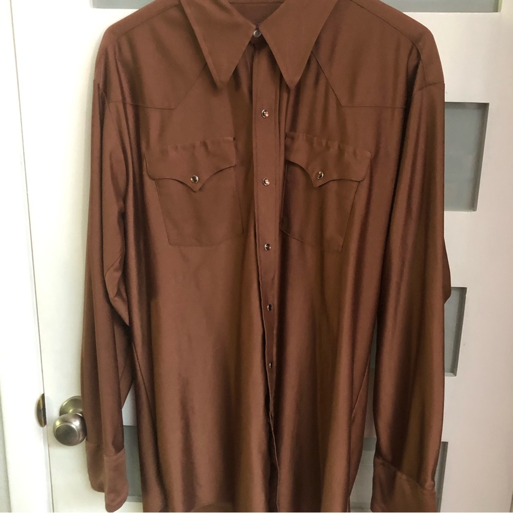 Vintage 70’s Panhandle Slim Western Polyester Big Collar Stays Brown EUC…